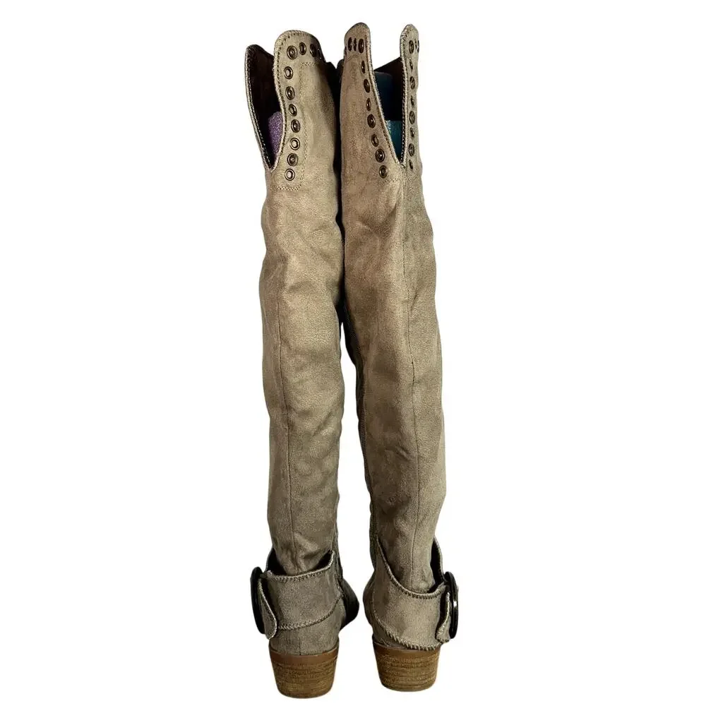 Tall Faux Suede Sock Boots Womens 7 Beige Buckle Strap Studded Grommet Grunge